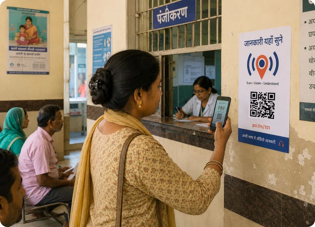 A patient holding a smartphone beside a clinic sign for poi.fm/101