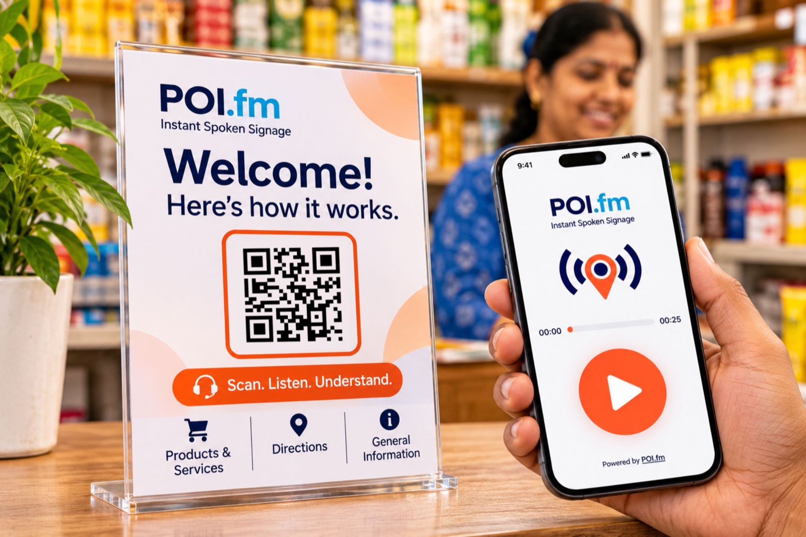 A POI.fm QR sign on a shop counter beside a phone showing the spoken-message player